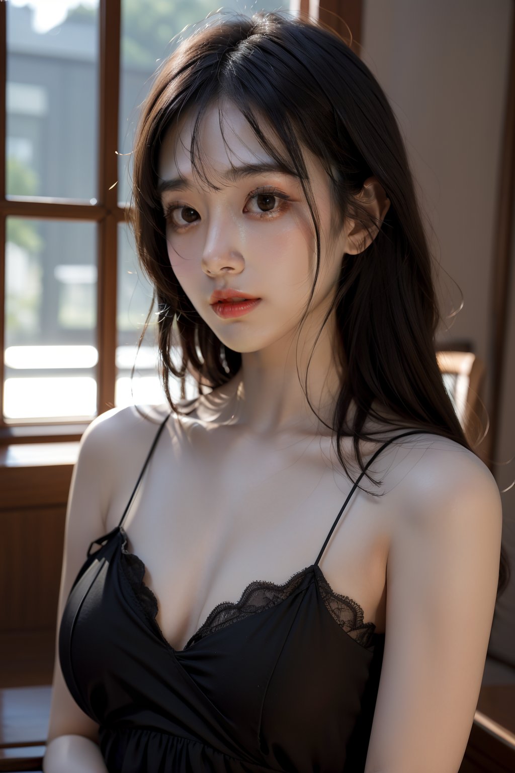 (RAW Photo,Best Quality), (HDR: 1.4),16K,Masterpiece,(extremely detailed face:1.4),(Chest shot:1.2),solo,((female)),black Straight,long hair,A-line sundress,front view,