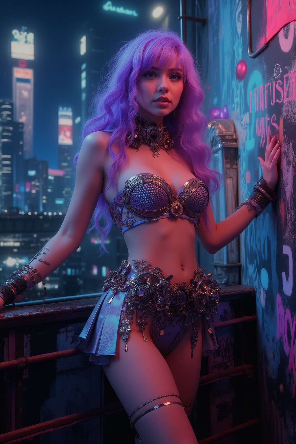 Against a neon-lit cityscape, a young woman with vibrant purple hair styled in loose waves poses confidently. Her outfit is a mesmerizing fusion of disco ball and steampunk, featuring shiny fabric resembling a disco ball, but reimagined with metal gears and tubes in a steampunk design. The bikini top shines with metallic accessories, while the skirt's intricate details evoke a futuristic elegance. Soft lighting accentuates her curves as she strikes a powerful pose, surrounded by a cityscape of towering skyscrapers and bustling streets, where technology meets artistry.,“Photo of a wall in the city. On the wall  we see detailed graffiti with a girl holing a red balloon in the style of Banksy, the graffiti text reads "DREAM DIFFUSION FLUX".”,niji