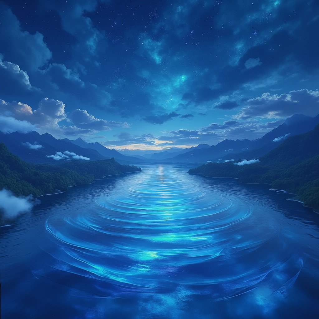 Beautifully wavy lake under the night sky, magical scenery in dreams, clouds and stars hanging in the sky, magic, beautiful scenery, illustrations, careful brush touch,niji,noc-futuristic