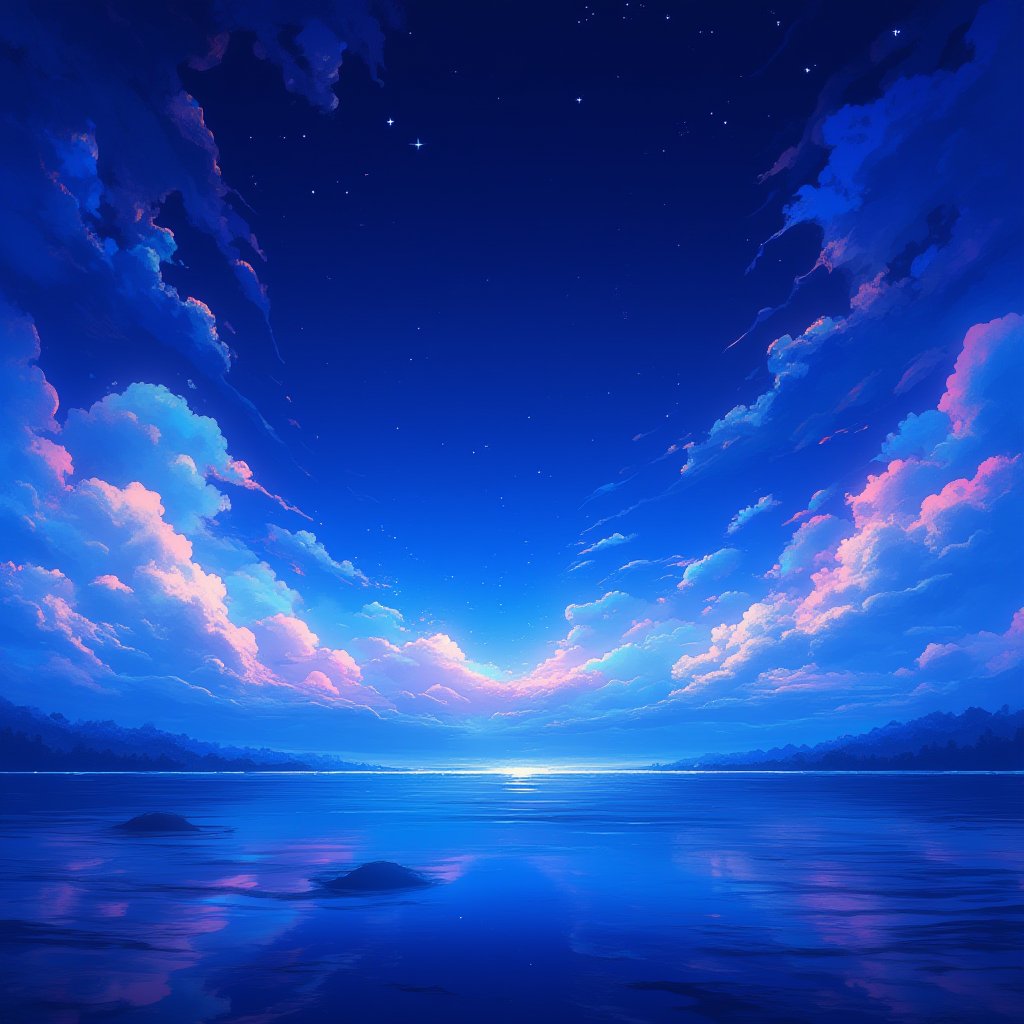 Beautifully wavy lake under the night sky, magical scenery in dreams, clouds and stars hanging in the sky, magic, beautiful scenery, illustrations, careful brush touch,niji