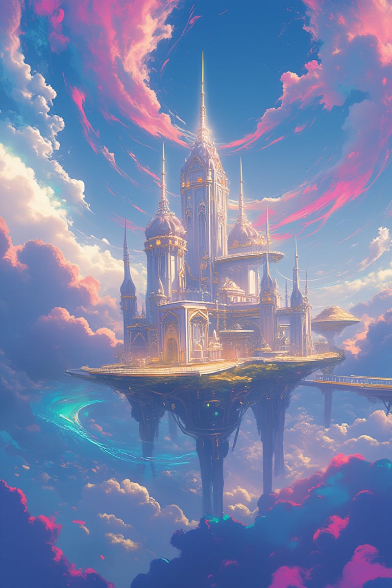 An ultra-high definition skyscape showcasing a surreal nephogram of swirling cloudpunk clouds, with a majestic fantasy city floating within them. The city features towering, crystal-like buildings and sprawling, hanging gardens that dangle over the edge of cloud-covered platforms. The clouds are drawn with bold, sharp lines, their vibrant, electric colors—deep blues, bright pinks, and glowing yellows—creating a stunning contrast against the city’s gleaming white and gold structures. The scene captures the vastness of the sky, with the clouds and city intertwining in a surreal, dreamlike dance. The intricate details of the city, from tiny, glowing windows to delicate bridges, make the scene feel immersive and fantastical, like a glimpse into a magical world.,niji