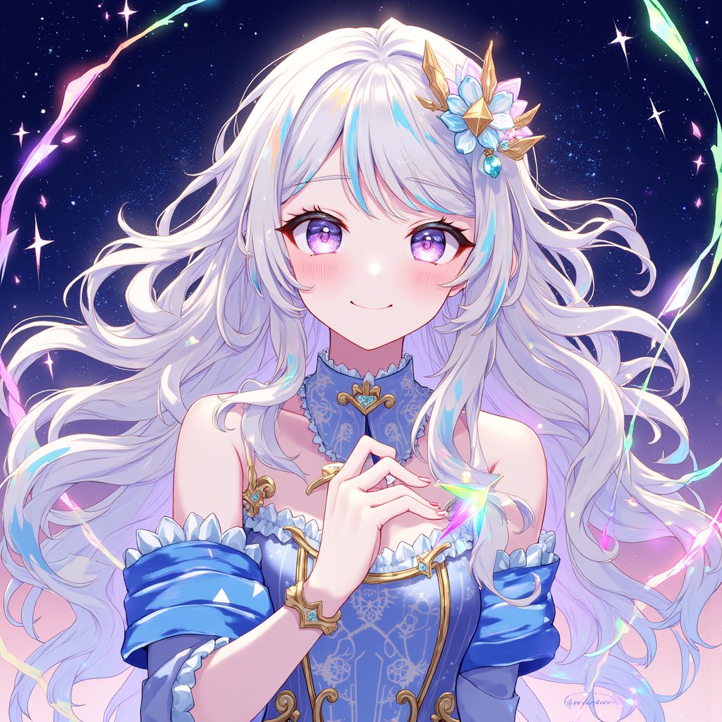 A girl with a dreamy smile, her hair waving in random blue and gold gradations, and wearing a dress with frills that sparkle like crystals. A rainbow-colored light effect spreads around her, and a fantastic night view of the starry sky spreads out in the background. The camera angle has a soft lens effect, and her figure appears vaguely, as if in a dream. The edges of the screen are decorated with twining ribbons of light. ,acryli painting,Anime style,1girl_Anime,noc-detail