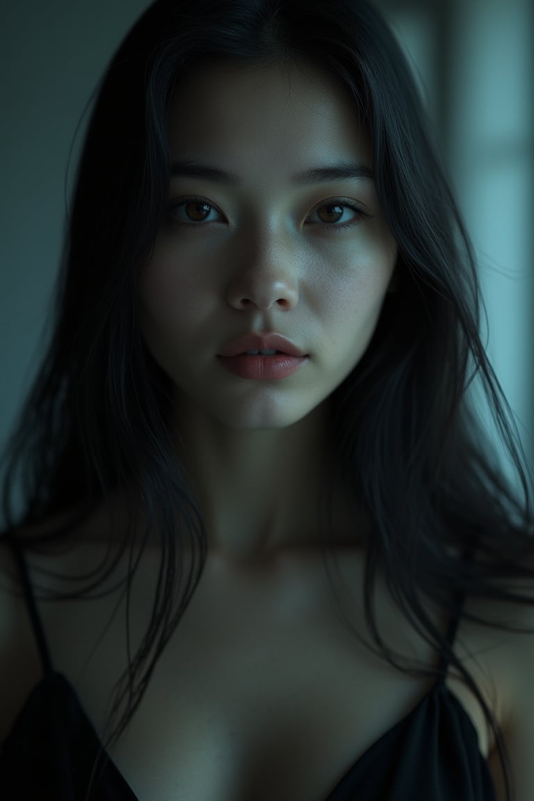 (RAW Photo,Best Quality), (HDR: 1.4),16K,Masterpiece,(extremely detailed face:1.4),(Chest shot:1.2),solo,((female)),black Straight,long hair,A-line sundress,front view,niji,noc-futuristic