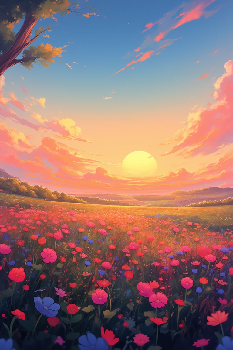 flower, outdoors, sky, cloud, tree, petals, no humans, grass, scenery, sunset, sun, field, gradient sky, high brightness and hyper coloured,niji