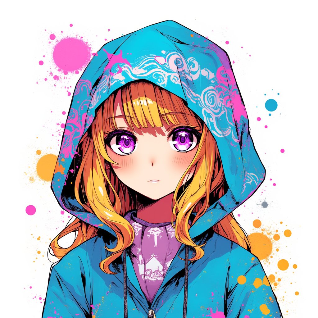 japanese cool anime,1girl,long blonde hair, Colorful pop art, , brightly, Beautiful purple Eyes, light blue hood with white flower logo, maximalism designemo, dal-6 style, Color Splash,upper body,white background,niji