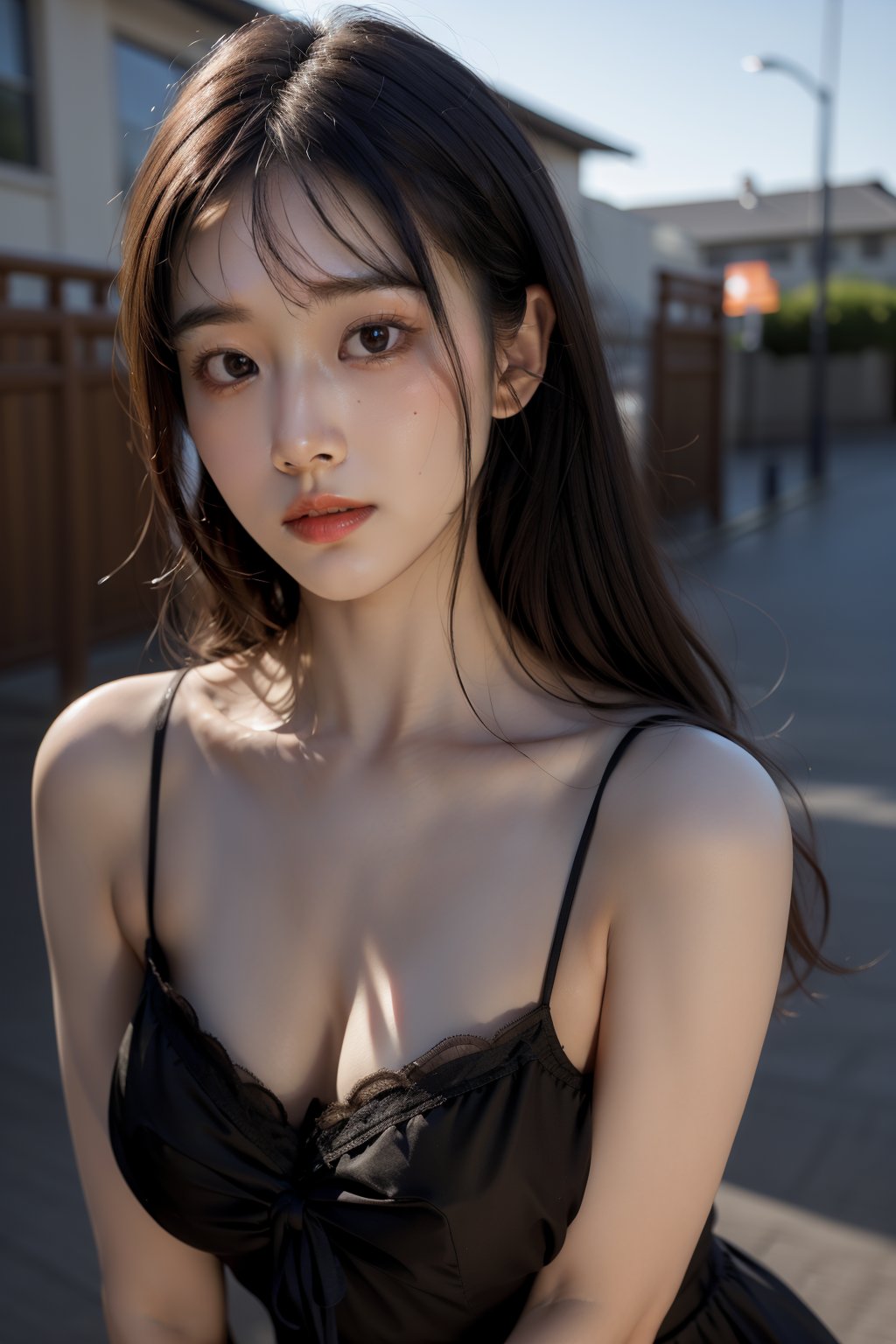 (RAW Photo,Best Quality), (HDR: 1.4),16K,Masterpiece,(extremely detailed face:1.4),(Chest shot:1.2),solo,((female)),black Straight,long hair,A-line sundress,front view,Bomi