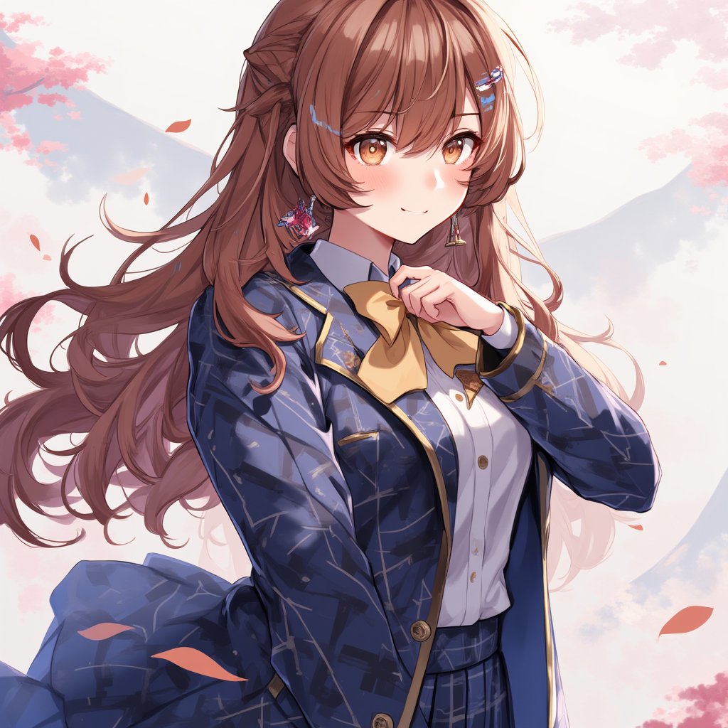 source_anime,(detailed eyes),shouko nishimiya,1girl,cowboy shot,long hair,bangs,brown hair,brown eyes,bowtie,blazer,blue and white plaid pleated skirt,smile,tree,niji,noc-detail