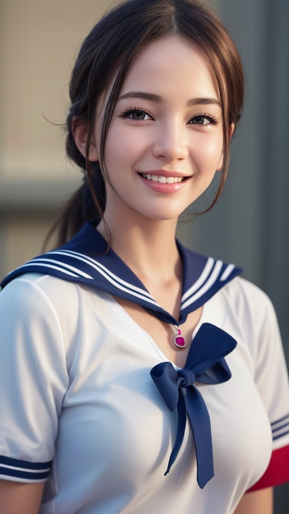 ((eye level shot, medium shot)), 1girl, (highly detailed eyes, highly detailed face), caute smile, (sailor uniform:1.1), (best quality:1.4), Raw photo, (Ultra realistic), (photo-realistic:1.4), cinematic light, (breasts out:1.1), solo_female, solo,