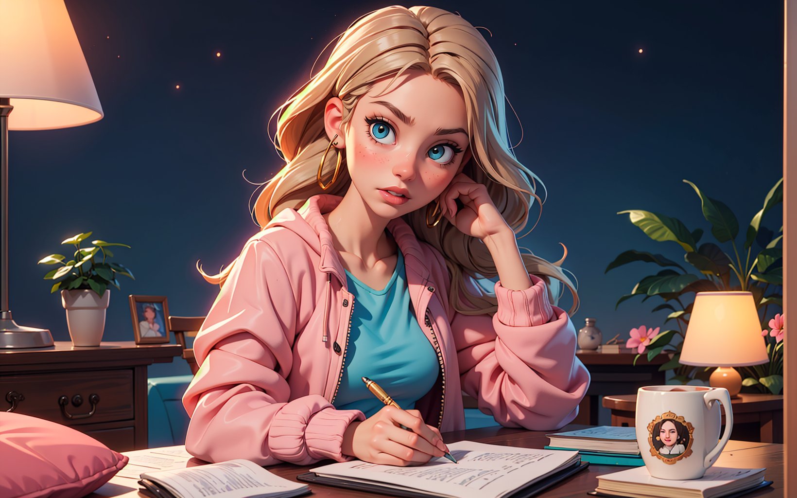 1girl, (masterpice), best quality, high quality, noon, night, high detailed, perfect body,perfect_face, high_detailed_face, realism face, good body, big_ass, small_breasts, aqua_glowing_eyes, glowing eyes and hair,  siting down next to her desk studing, wearing a blue headphone, lofi-girl,  lofi chill out,  inside her bedroom, Night pink gradient lighting, dog, books, lamp, pen, teddy bear on her desk, serious, lofi girl room decorations, hard light, night, facing the viewer, hair ornament, blue_glowing_hair, makeup ,long_hair, lipstick ,blush ,short_braided_hair, female, light-skinned_female ,light_skin ,skin_contrast, blue shirt, silver covered jacket