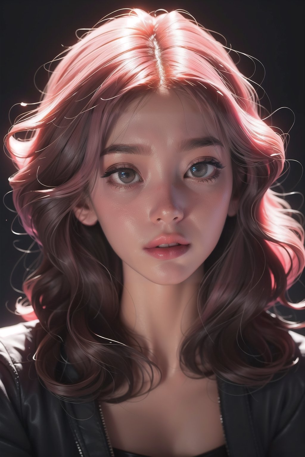 Digital art of a beautiful girl with glowing pink curly hair, black background, high quality, masterpiece, detailed eyes, glowing top, light , high angle view