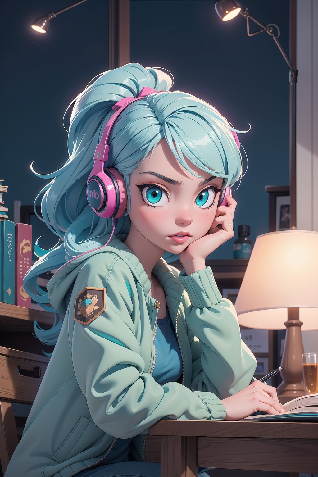 1girl, (masterpice), best quality, high quality, noon, night, high detailed, perfect body,perfect_face, high_detailed_face, realism face, good body, big_ass, small_breasts, aqua_glowing_eyes, glowing eyes and hair,  siting down next to her desk studing, wearing a blue headphone, lofi-girl, (Wearing headphone), lofi chill out,  inside her bedroom, Night pink gradient lighting, dog, books, lamp, pen, teddy bear on her desk, serious, lofi girl room decorations, hard light, night, facing the viewer, hair ornament, blue_glowing_hair, makeup ,long_hair, lipstick ,blush ,short_braided_hair, female, light-skinned_female ,light_skin ,skin_contrast, blue shirt, silver covered jacket