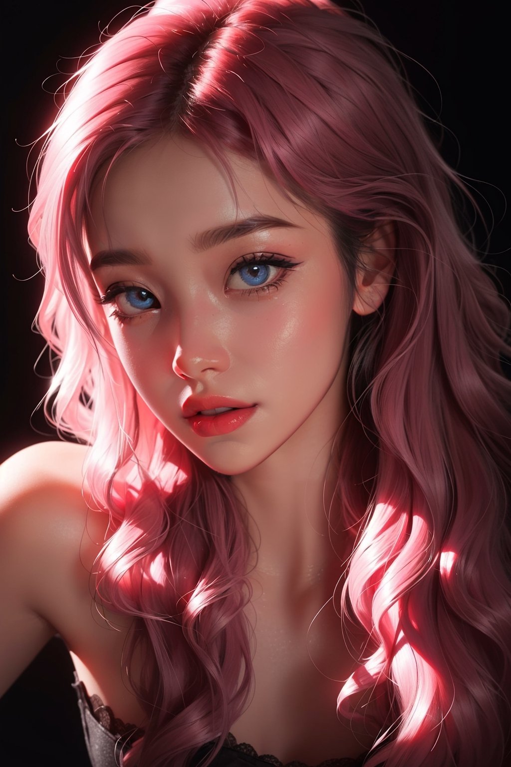 Digital art of a beautiful girl with glowing pink curly hair, black background, high quality, masterpiece, detailed eyes, glowing top, light , high angle view