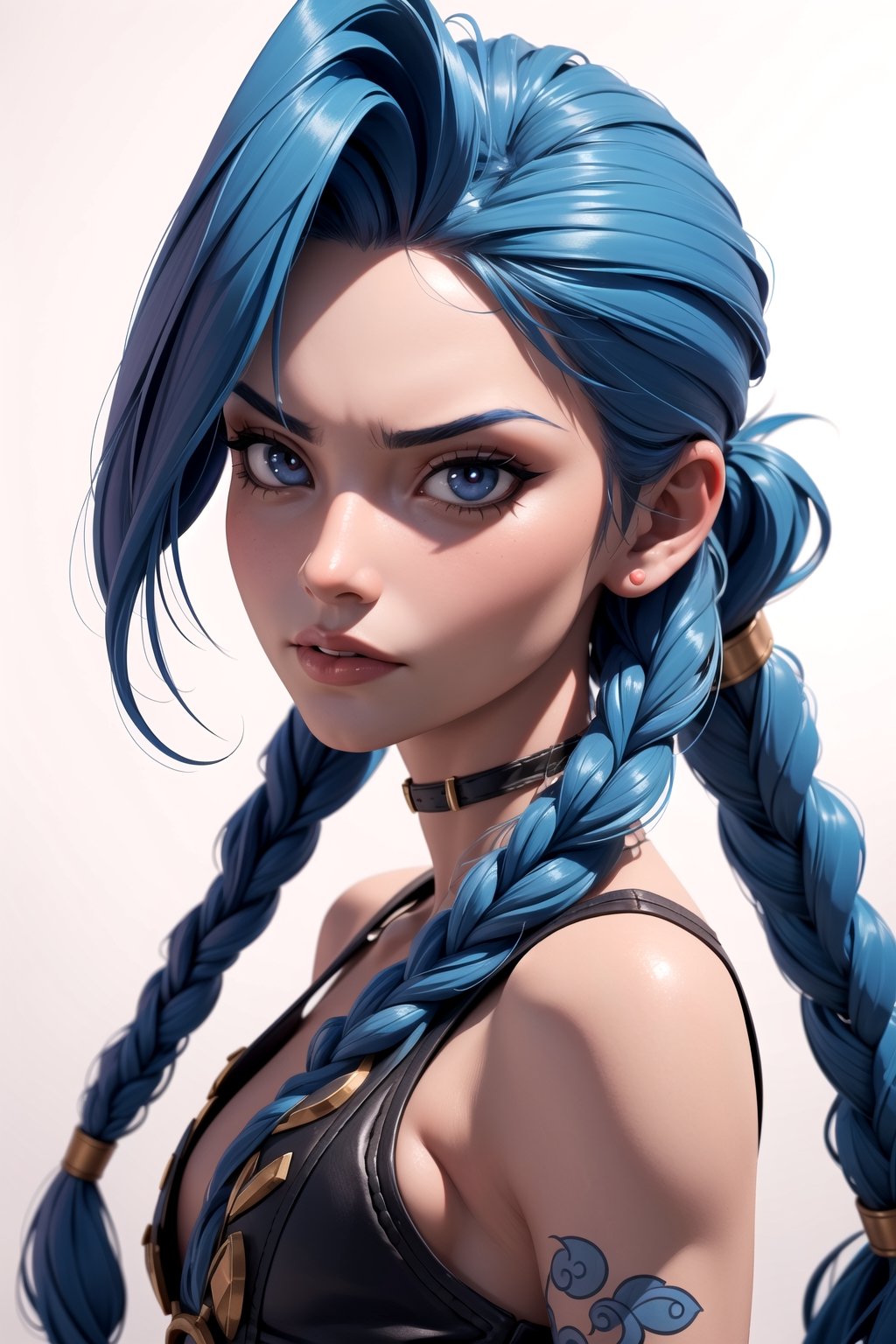 Digital portrait art of a Jinx, from the film Arcane, blue hair, League Of Legends, Arcane:League of Legends TV Series 2021 , angry, high angle view,JinxLol,3d