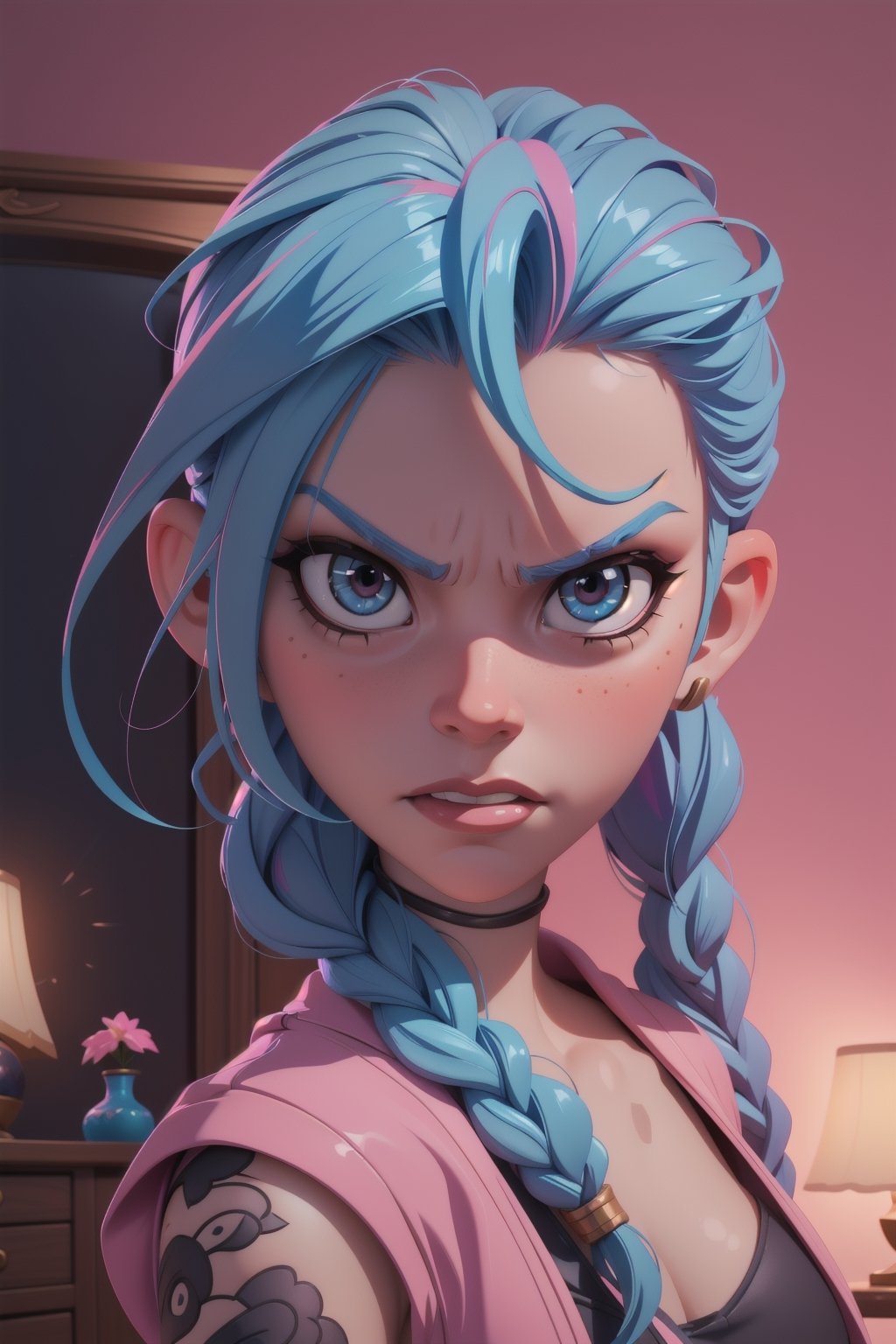 High angle camera shot Digital portrait art of a Jinx, from the film Arcane, blue hair, League Of Legends, inside her room, pink gradient lighting, looking up, at the viewer,  Arcane:League of Legends TV Series 2021 , angry, high angle view,JinxLol,3d