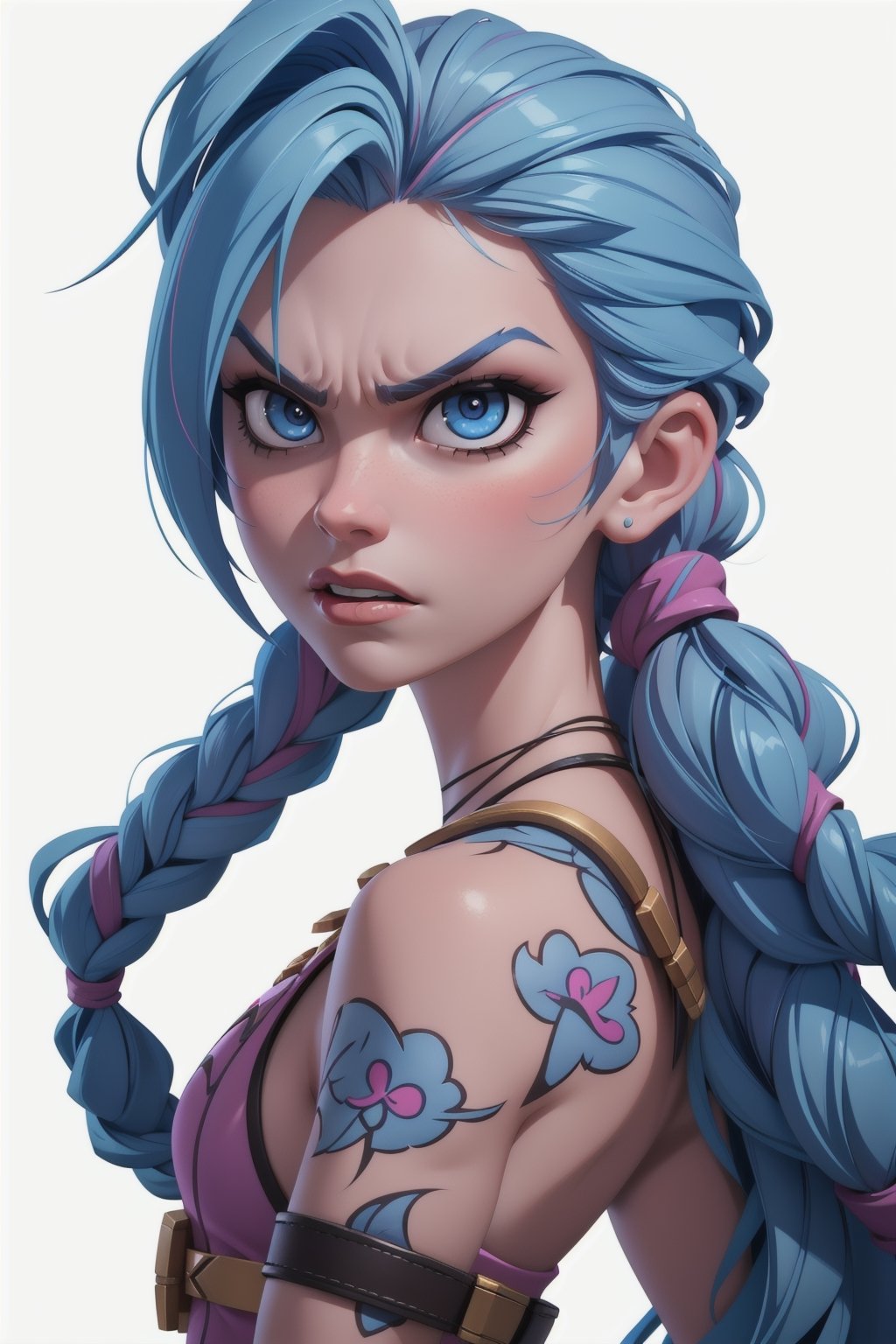 Digital portrait art of a Jinx, from the film Arcane, blue hair, League Of Legends, Arcane:League of Legends TV Series 2021 , angry, high angle view,JinxLol,3d