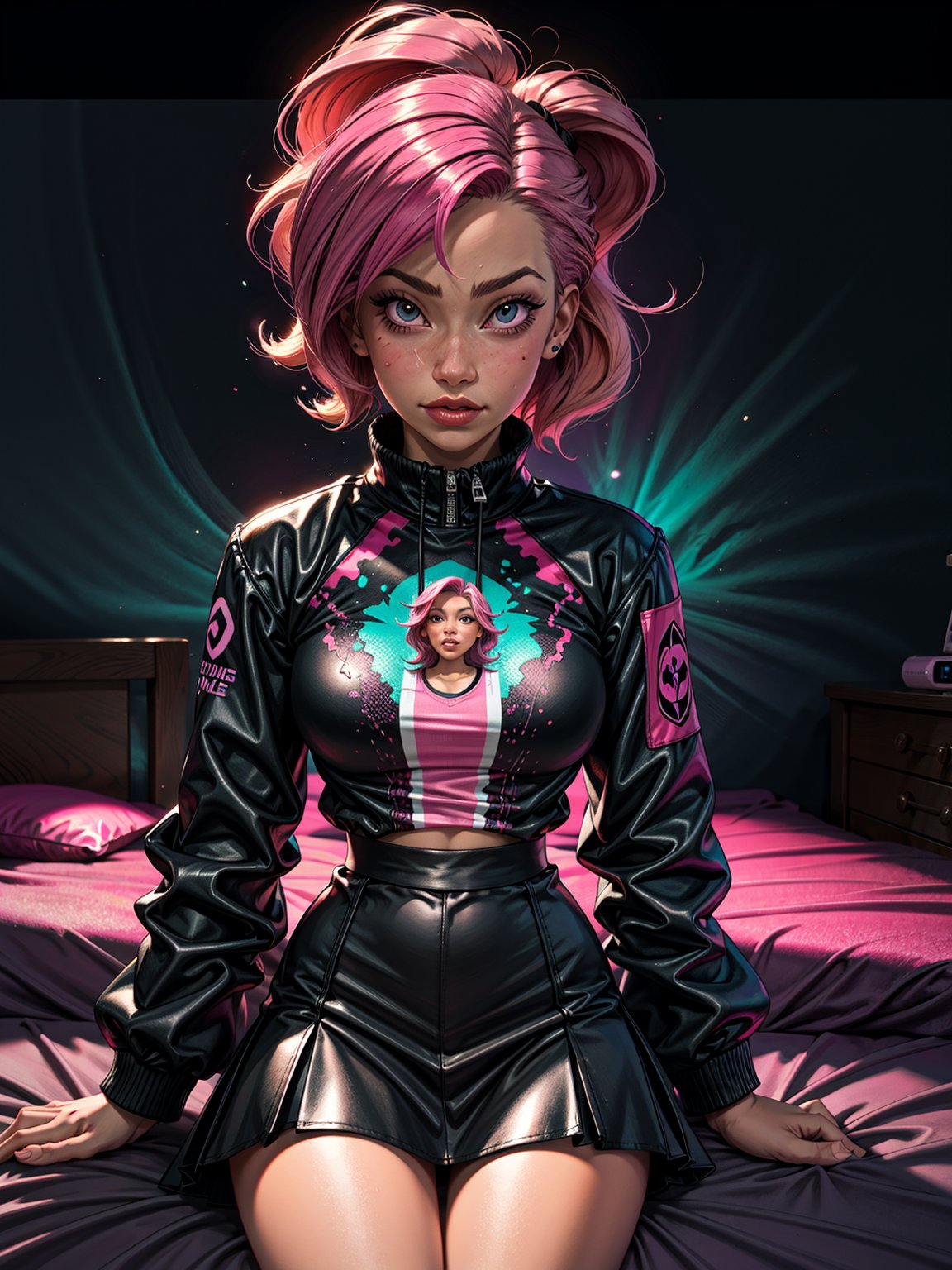 FRONTAL VIEW Image of an /(Upper body portrait of a beautiful girl with pink hair), bedroom, bed, pink gradient synthwave room, Perfectly drawn Fingers, (sitting close to a pink desk), pink gradient Lighting , Centered Image, Middle Image, zen Interior design, volumetric color , flaming colors, neon pink colors, cosmos, cyber, synthwave, wearing a white t-shirt and black jacket, pink skirt, SFW,3DMM,12334,cartoon ,facial