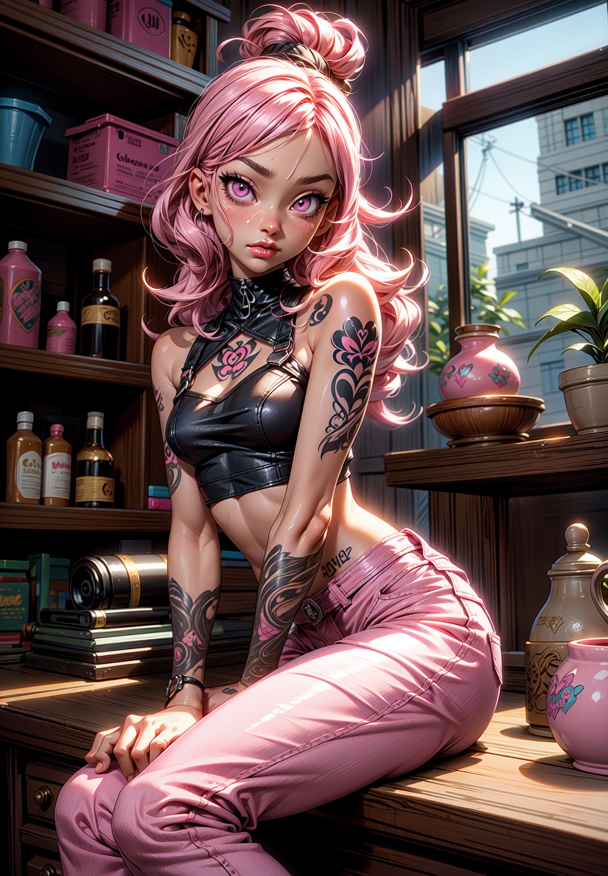 Pink Eyes, pink Eyes, pink pants, drawing, painting on paper, inks, ink pots, pink shelf((Masterpiece)), (Best Quality), Art, Highly Detailed, Extremely Detailed CG Unity 8k Wallpaper, (Curves: 0.8), (Full Body: 0.6), 3DMM, (Masterpiece, Best Quality) pink hair, long curly hair, tanned skin, tanned skin, pink eyes, sitting, white sleeveless shirt, no bra, small chest, tattoos, tattoo on the arm, sitting, drawing, jeans, black pants, cartoonist, tattoo studio , white walls, neon pink lights, neon lights, pink lights, wooden pink gradient shelf, flower pots, plants, decorative plants, window, window, city view, tattoo chair, tattoo artist, tattoo girl, 12334, Q , perfect eyes,12334,3DMM,facial,anime, cum