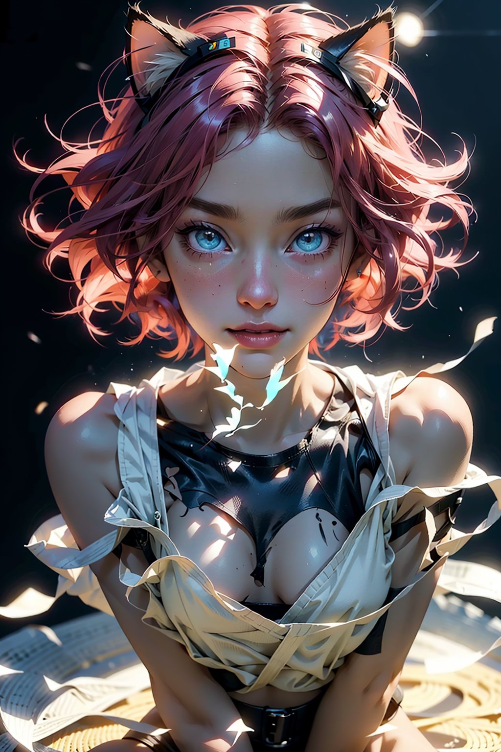 (1girl, full body), beautiful Korean woman, Cropped vest top, skinny pants (Cute Pink curly Bob hair:1. 5), (cat ears:1. 5), (red lips), (medium breasts), (eyelashes, aegyo sal), (flowing hair, bright smile), (college, immersive background), (volumetric haze), (global illumination, dynamic lighting, best illumination, volumetric lighting), (detailed face, beautiful detailed eyes, symmetrical eyes), (hyperrealism, photorealism, realistic, photo-realistic), (photon mapping, physically-based rendering), ,Detailedface