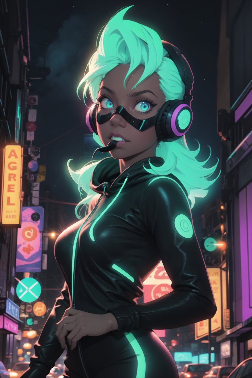 (frontal view, facing viewer:1.2), centered, masterpiece, face portrait, | 1girl, solo, Glowing aqua hair color, short hairstyle, glowing light blue eyes, | (neon wireless headphones headset:1.2), (black neon futuristic mouth mask:1.2), dark blue hoodie, | futuristic city lights, sunset, dark, night, buildings, urban scenery, neon lights | bokeh, depth of field, game cg, 3d, pixar style