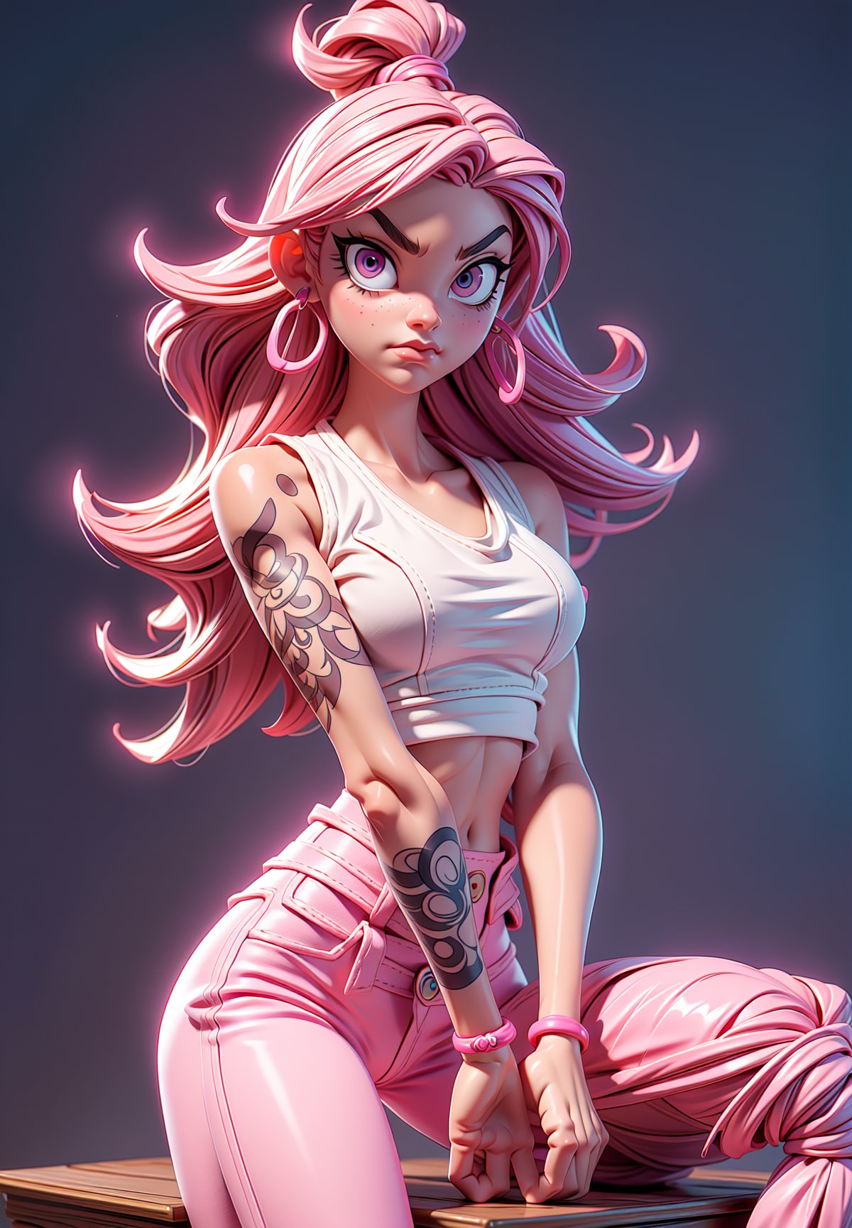 Pink Eyes, pink Eyes, pink pants, drawing, painting on paper, inks, ink pots, pink shelf((Masterpiece)), (Best Quality), Art, Highly Detailed, Extremely Detailed CG Unity 8k Wallpaper, (Curves: 0.8), (Full Body: 0.6), 3DMM, (Masterpiece, Best Quality) pink hair, long curly hair, tanned skin, tanned skin, pink eyes, sitting, white sleeveless shirt, no bra, small chest, tattoos, tattoo on the arm, sitting, drawing, jeans, black pants, cartoonist, tattoo studio , white walls, neon pink lights, neon lights, pink lights, wooden pink gradient shelf, flower pots, plants, decorative plants, window, window, city view, tattoo chair, tattoo artist, tattoo girl, 12334, Q , perfect eyes,12334,3DMM,facial,anime, cum