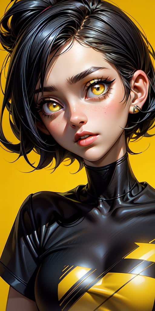 1girl, ((  Portrait of a beautiful girl)), Close-up portrait, black hair, (behance portfolio), ( stare, black and yellow strip T-shirt design), fashion photography (her T-shirt made of yellow and black stripes design), (yellow eyes), short hair,(( yellow background)), 12334,3DMM,cartoon 