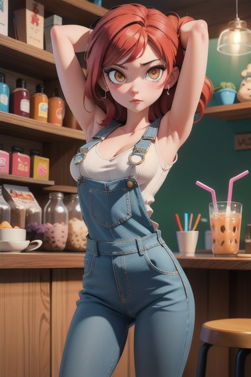 1girl, [pink eyes|yellow eyes], pale skin, [white hair:red hair:0.3],  \(light, tight, white_blouse,\)_denim overalls, small breasts, bubble tea challenge, drinking straw, arms up,elbow squeeze, breasts squeezed together, indoors, cofee shop, ,  