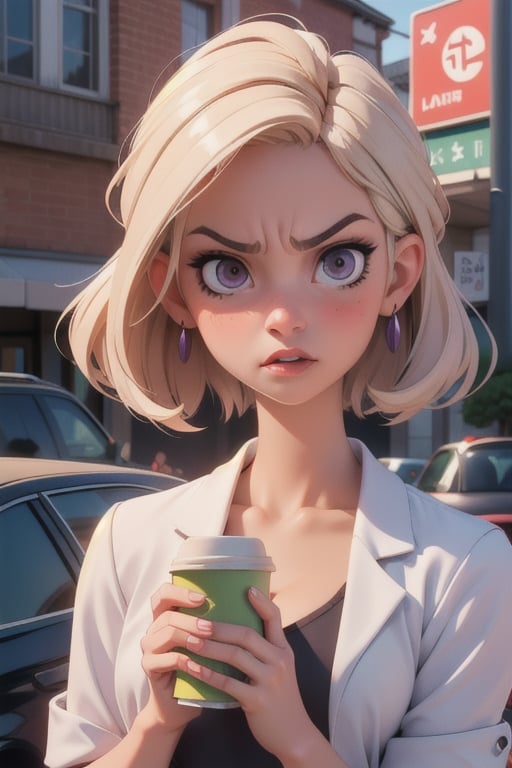 1girl, (masterpice), upper body image, best quality, high quality, high detailed, perfect body,perfect_face, high_detailed_face, city background, holding a coffee disposable cup, cup, holding cup, realism face, good body, big_ass, small_breasts, angry, displeased, unhappy, pink_eyes, breasts, hair ornament, purple_eyeshadow, white_hair, makeup ,short curls hair, lipstick ,blush ,white_braided_hair, female, light-skinned_female ,light_skin ,sakimichan style ,skin_contrast, photorealistic:1.37, cleavage, seductive, school uniform for study, looking at viewer, on school , intricate detail, detailed background, detailed skin, pore, highres, hdr, studying in the school