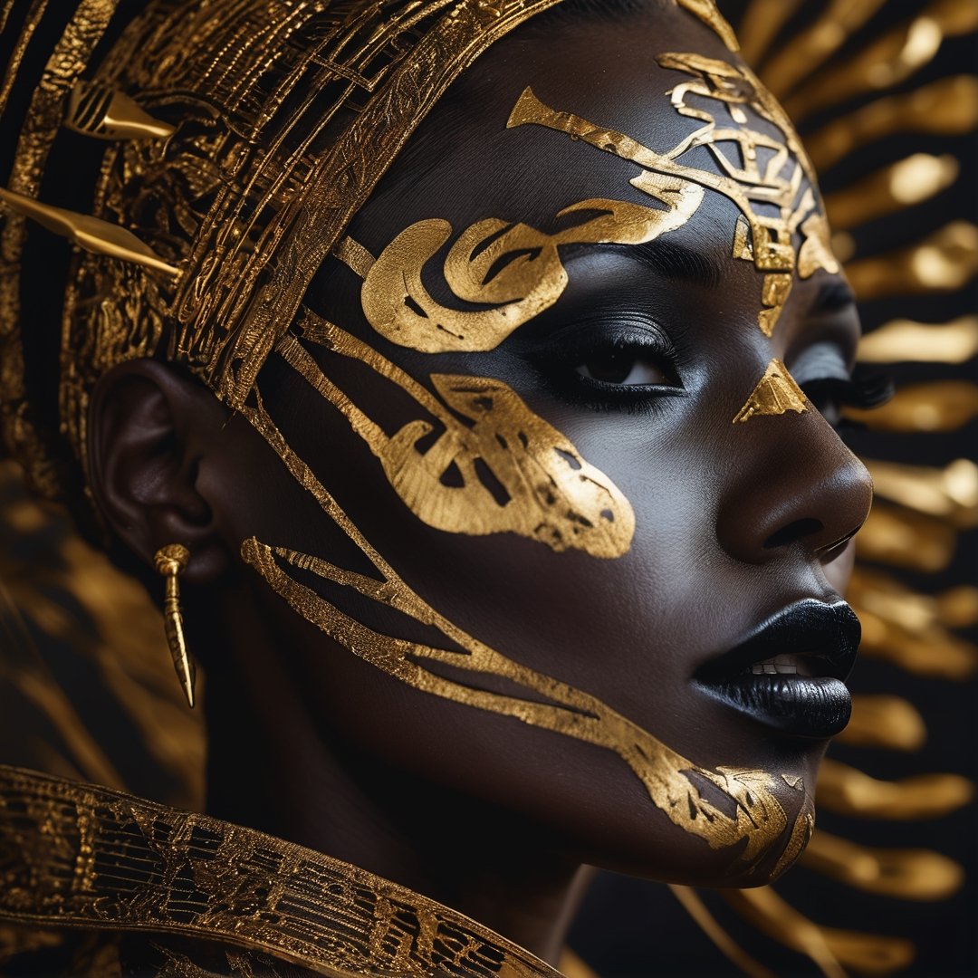 Rorschach editorial photography, Side view of a woman face, darl skin, neo-tribal art, bokeh, gold lips