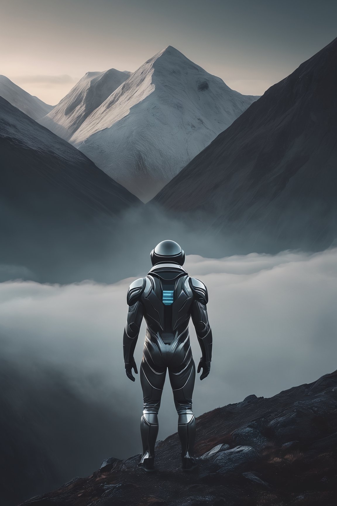 (Minimalist wide angle movie still), man in a futuristic suit, mountains, north nature, muted tones, warm light, cold colors, low contrast, foggy

