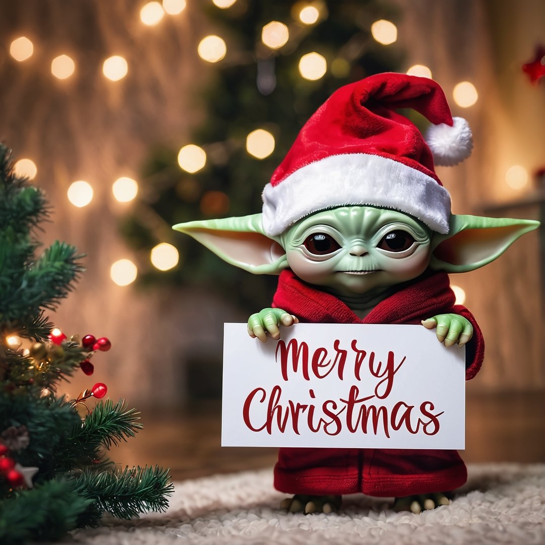 A baby Yoda with Christmas hat, holding up a sign with "Merry Christmas", bokeh, background is cozy room with Christmas tree, warm lightning, dimmed light