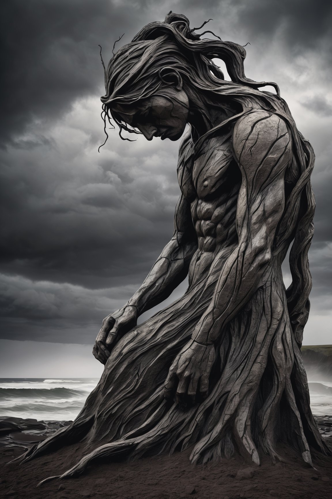 A solitary figure of resilience, carved from the very earth, enduring the wrath of nature's fury.

