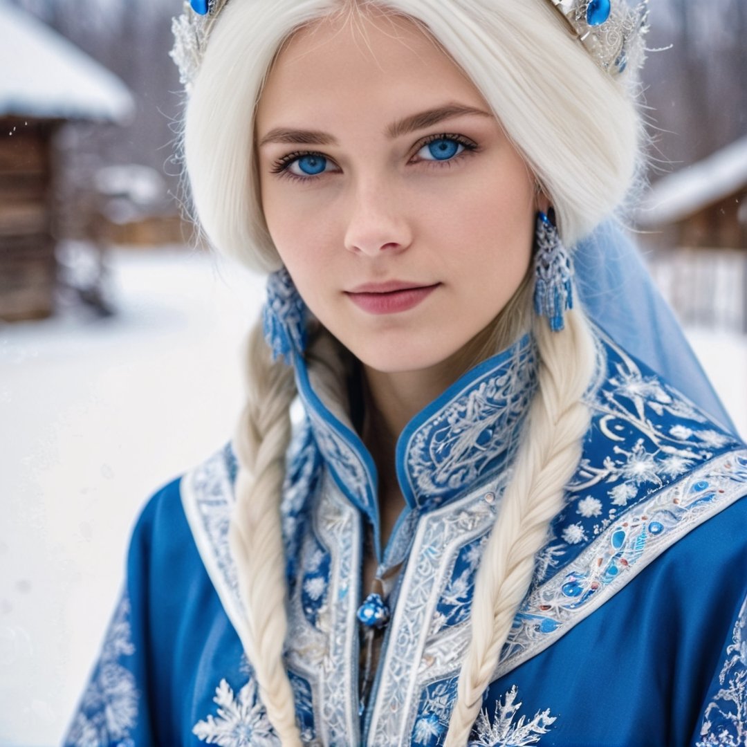 Snegurochka, a beautiful girl with white hair and blue eyes, is in a traditional Russian village during winter. She’s wearing a long, silver-blue robe adorned with intricate white embroidery, a furry cap, and a crown. Snowflakes are gently falling around her, adding to the serene, wintry atmosphere.