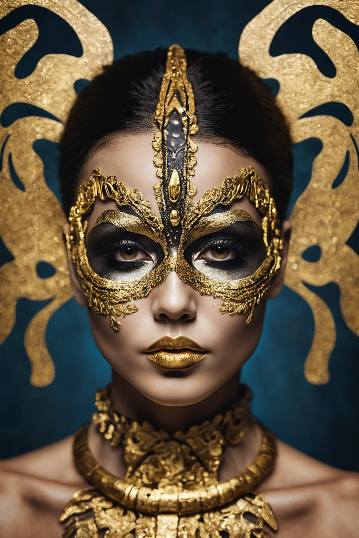 Rorschach editorial photography of a woman face, neo-tribal art, bokeh, gold lips