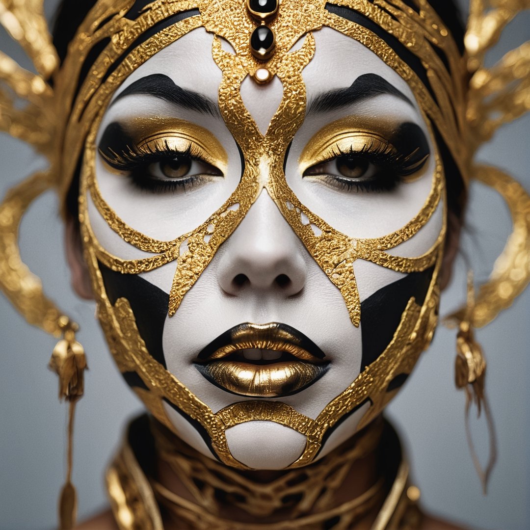 Rorschach editorial photography, Extreme close-up photo of a woman face, neo-tribal art, bokeh, gold lips