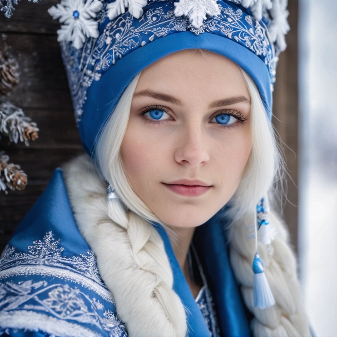 Snegurochka, a beautiful girl with white hair and blue eyes, is in a traditional Russian village during winter. She’s wearing a long, silver-blue robe adorned with intricate white embroidery, a furry cap, and a crown. Snowflakes are gently falling around her, adding to the serene, wintry atmosphere.