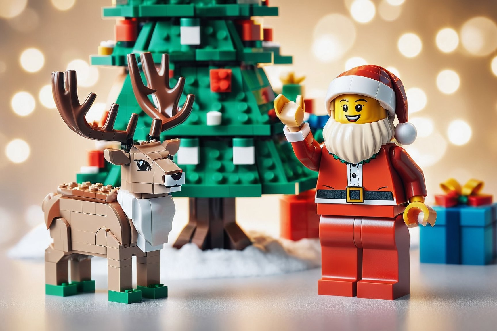 Lego santa clause celebrating christmas, reindeer, tree, presents,  background bokeh, christmas time