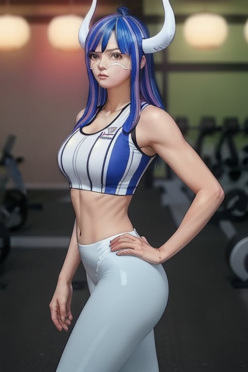 A confident and powerful muscle mommy stands tall in a modern gym, her sculpted physique illuminated by the bright lights. She wears a form-fitting workout outfit, her curves accentuated by vibrant colors and bold lines in an anime illustration style.
