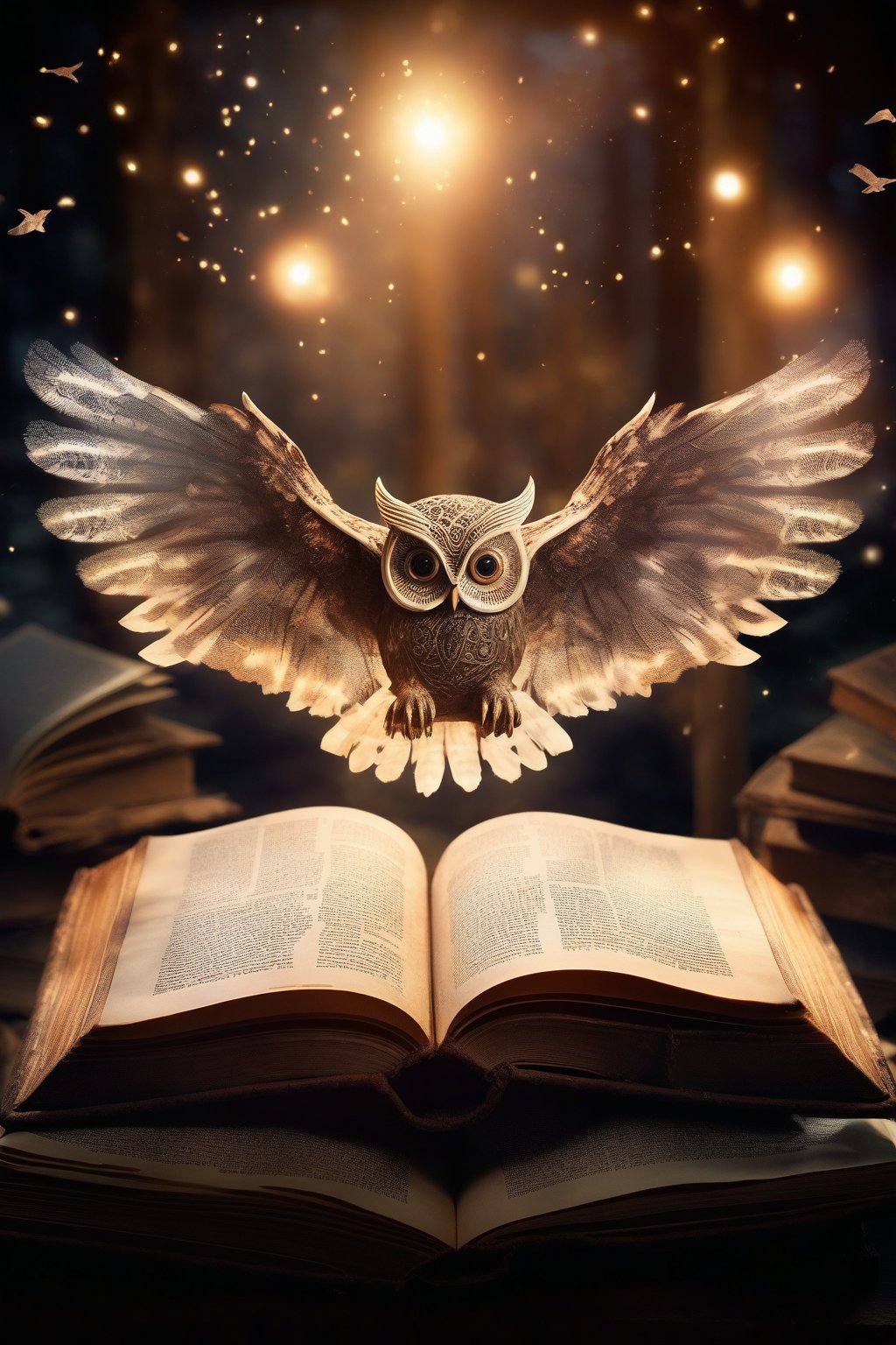 An open book with owls flying around it.  The book should be old and worn, with a warm, inviting glow emanating from its pages.  The owls should be in flight, their wings spread wide, and their eyes looking intently at the book.  The background should be a soft, ethereal blur, with a sense of magic and wonder