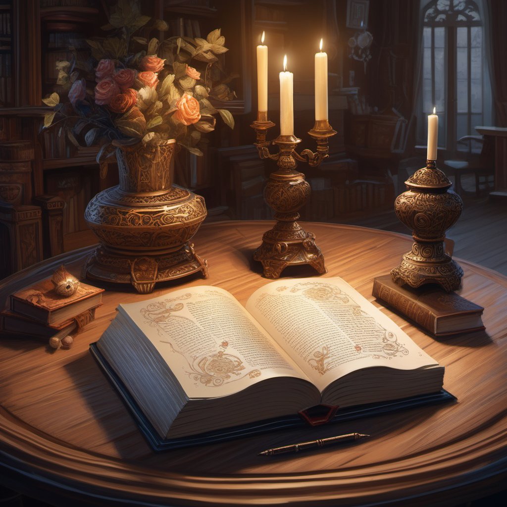 illustration of a very very very nice book on a round table. the table has vases on both sides of the book, Andreas Rocha, Intricate details, Light from left, Soft lighting, Cinematic Still Shot, Canon, 8k, HD  