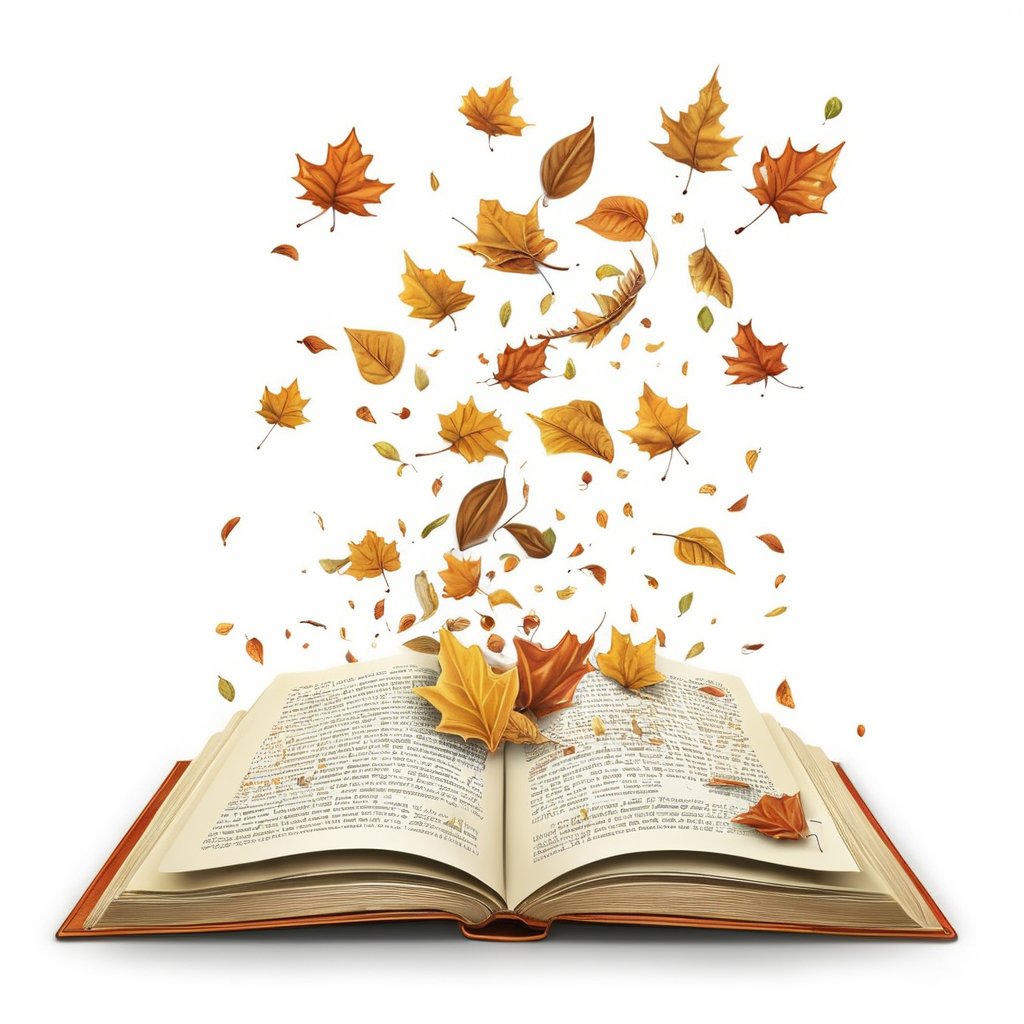 illustration of autumn leaves falling on an open book, the leaves are falling from a tree, natural light, HD, detailed,hdr, 8k, Canon EOS 4000D