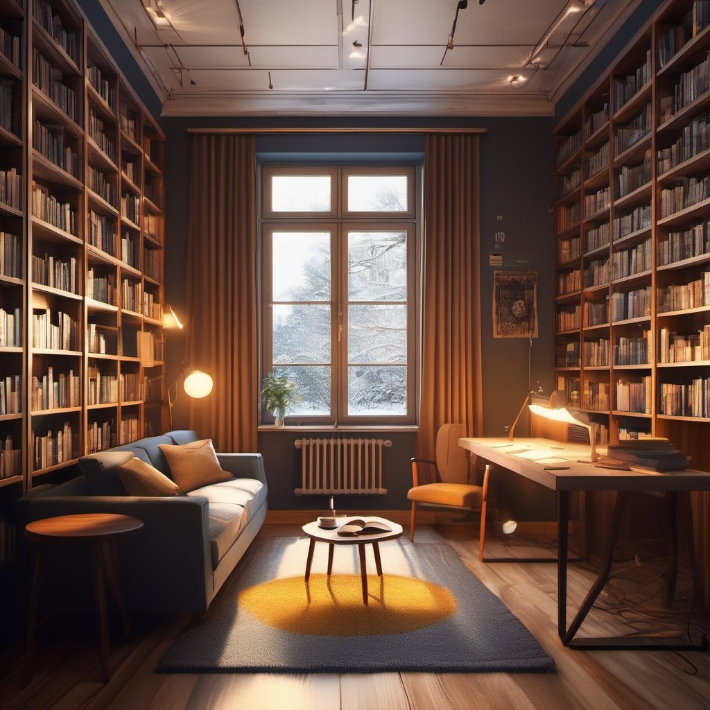 library, cosy interior, modern wood panelling, comfortable sofa, snowfall through the window, regular windows, fire in the fireplace, slightly warm colours, spotlights and non-direct light, carpet, small room, late afternoon, lights on