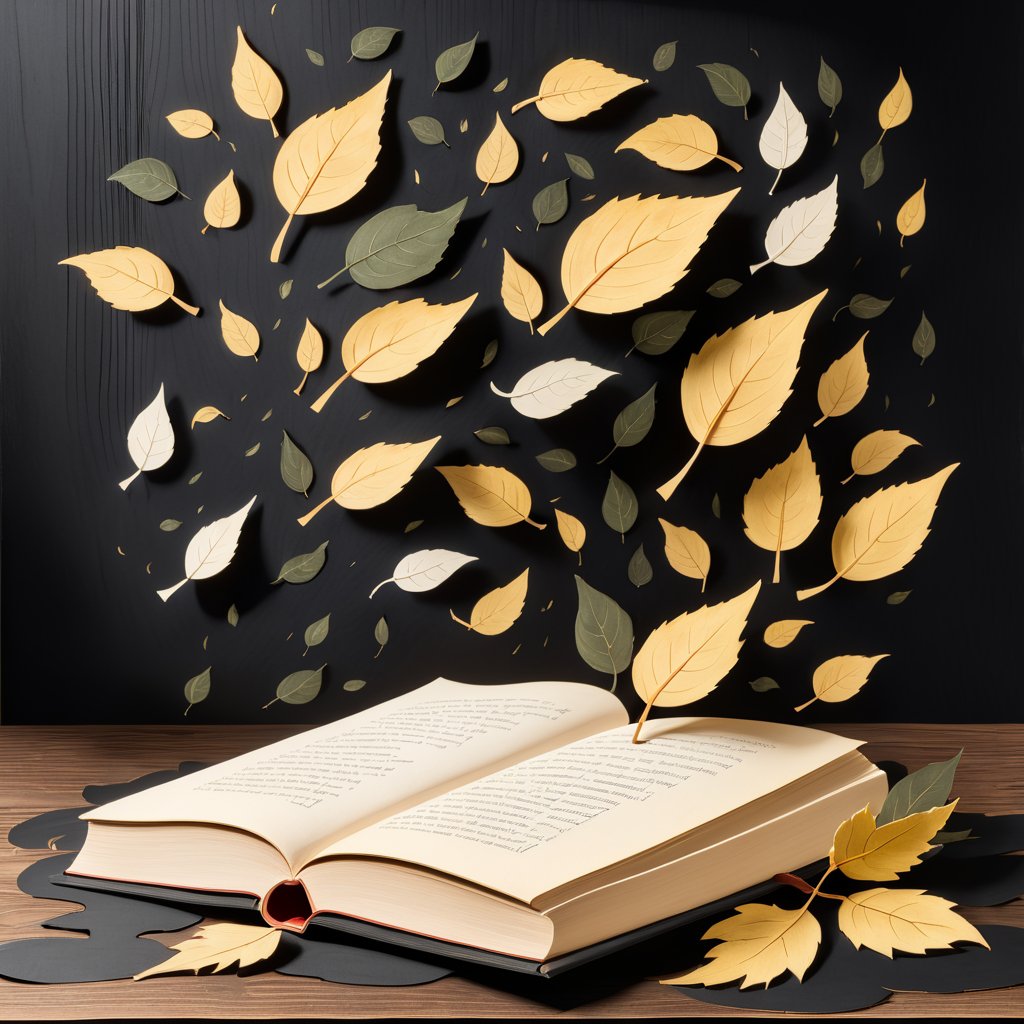 a book with a bunch of leaves flying on a table with a black background and a wooden table with a book on it, Dirk Crabeth, paper texture, storybook illustration, contextual art