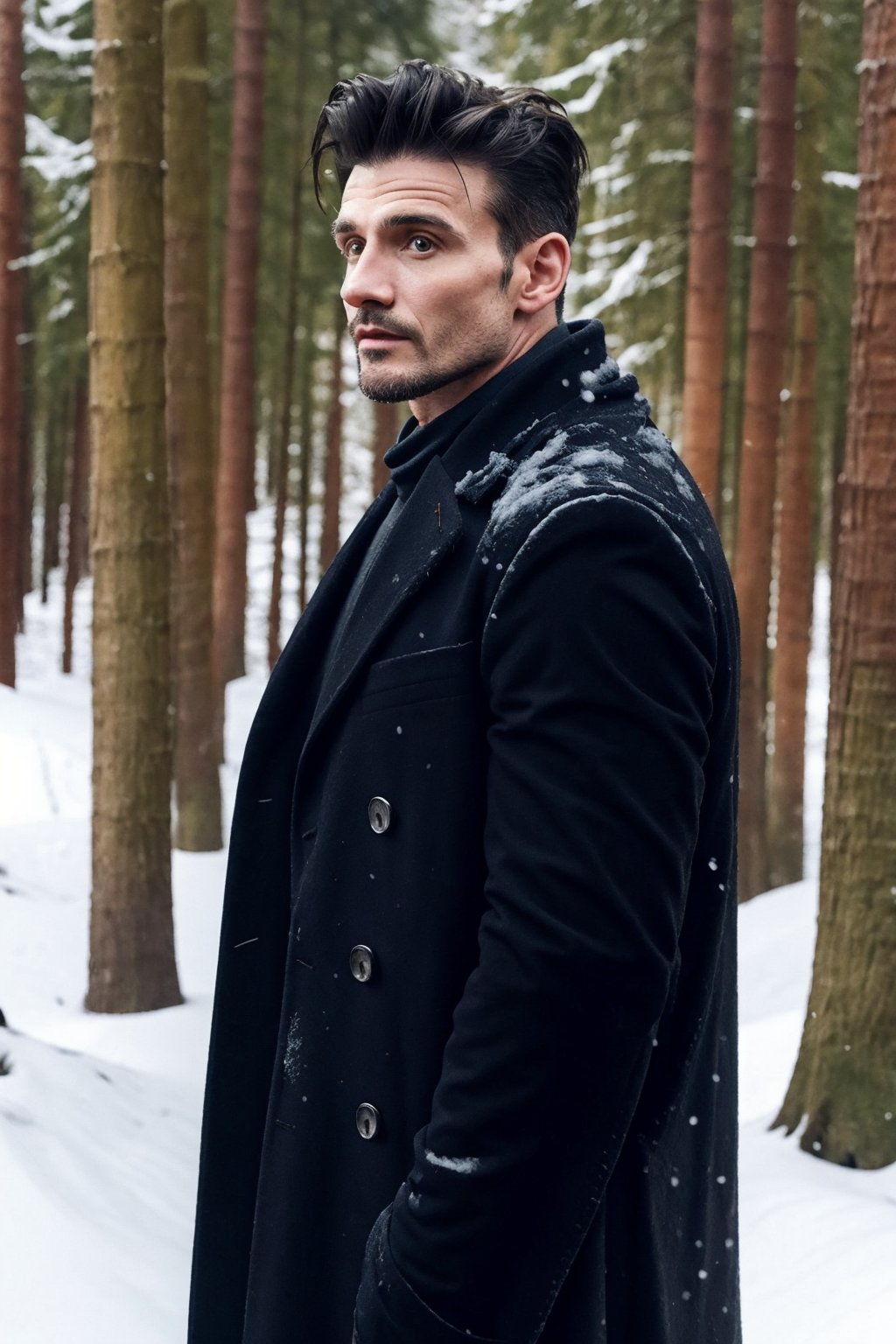 frank grillo, 
long hair, beard, looking away, black coat, winter forest, snow