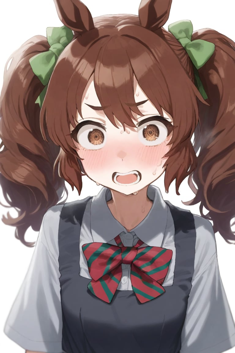 1girl, animal ears, black dress, bow, bowtie, brown eyes, brown hair, collared shirt, cropped torso, dress, ear bow, ear covers, green bow, grey eyes, grey shirt, horse ears, long hair, looking at viewer, medium hair, multicolored hair, open mouth, red bow, shirt, simple background, solo, streaked hair, striped, striped bow, sweat, teeth, twintails, upper body, white background, wide-eyed
