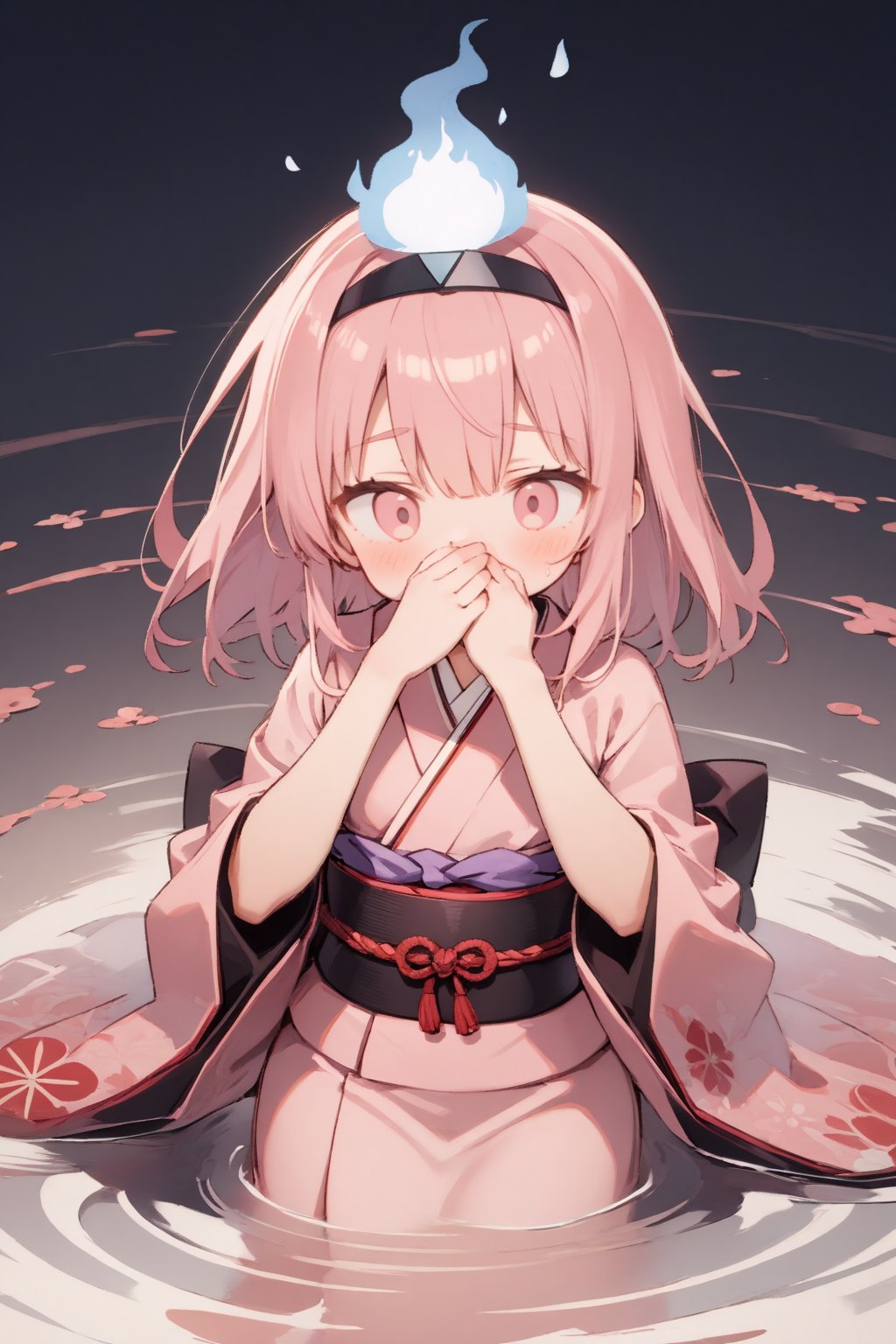 1girl, covering mouth, hitodama, japanese clothes, kimono, pink eyes, pink hair, ripples, sash, solo, triangular headpiece