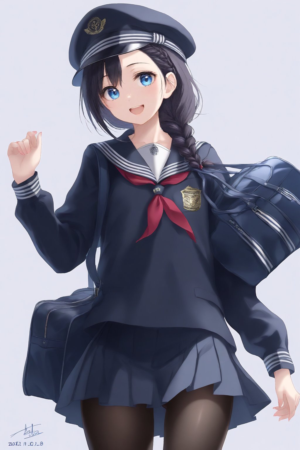 1girl, ahoge, alternate costume, artist logo, bag, black hair, black pantyhose, black serafuku, blue eyes, braid, dated, hair over shoulder, hat, looking at viewer, open mouth, pantyhose, sailor hat, school uniform, serafuku, simple background, single braid, smile, solo, white background,