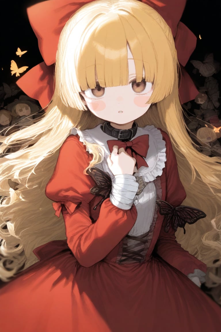 1girl, bandage over one eye, black background, blonde hair, blunt bangs, blunt ends, blush, blush stickers, bow, bowtie, brown eyes, bug, butterfly, butterfly on hand, collar, collared dress, doll, dress, frilled collar, frilled sleeves, frills, hair bow, hand on own chest, juliet sleeves, long dress, long hair, long sleeves, looking at viewer, one-eyed, parted lips, puffy sleeves, red bow, red bowtie, red dress, red theme
