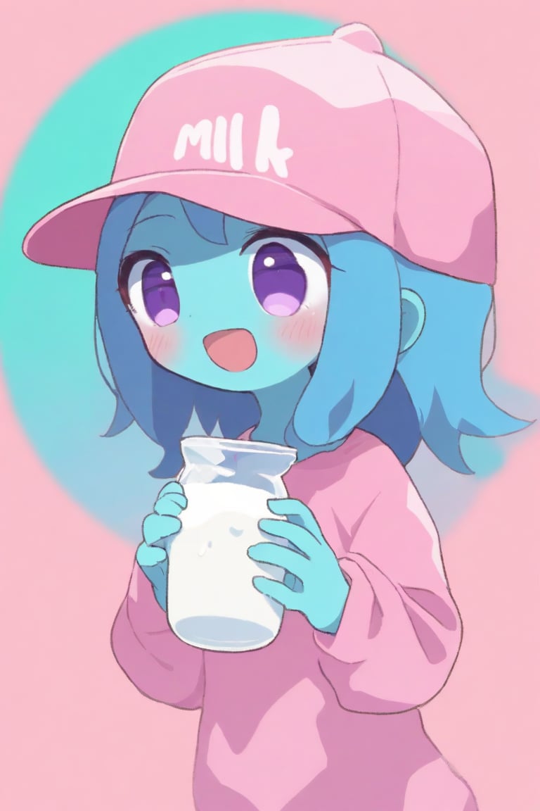 1girl, aqua skin, artist name, baby, baseball cap, blue hair, blush, borrowed character, hat, medium hair, milk, open mouth, pink background, pink headwear, print headwear, purple eyes, shadow, simple background, smile, upper body
