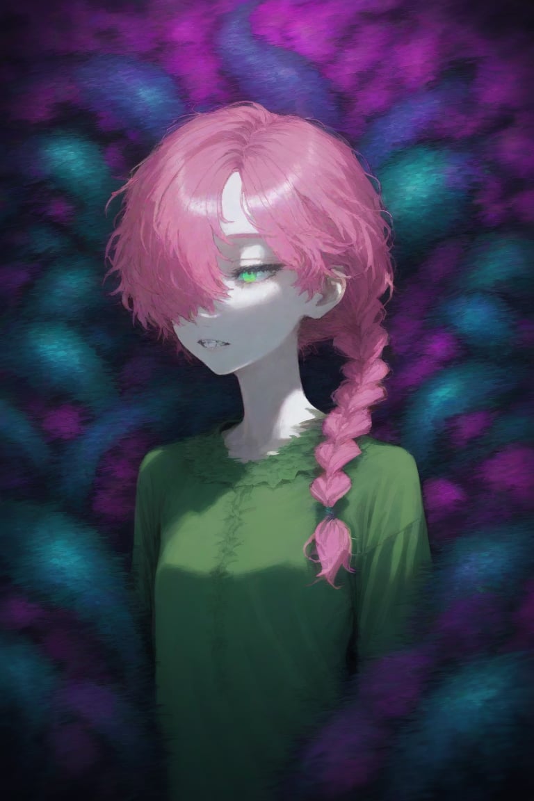 1girl, abstract, abstract background, braid, flower, green shirt, hair over one eye, messy hair, monster, monster girl, neon palette, parted lips, pink hair, psychedelic, sharp teeth, shirt, solo, surreal, teeth, twin braids, upper body
