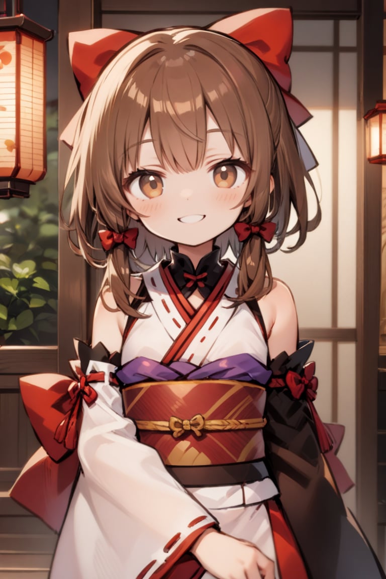 1girl, adapted costume, bow, brown eyes, brown hair, detached sleeves, hair bow, hair tubes, long sleeves, looking at viewer, obi, red bow, ribbon-trimmed sleeves, ribbon trim, sash, smile, solo, upper body, wide sleeves